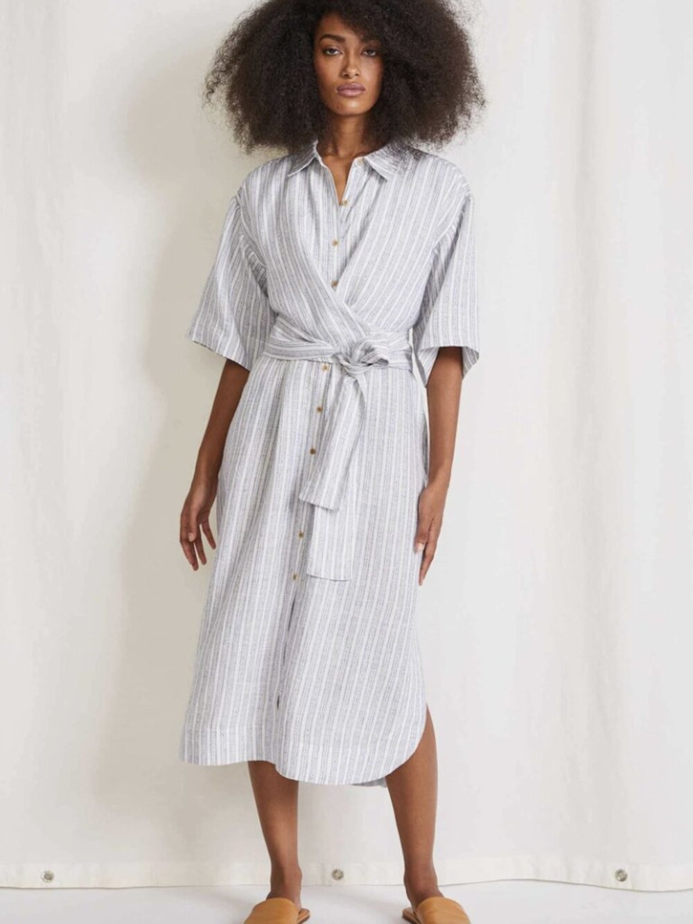 Apiece Apart Nicoya Stripe Tie Waist Shirt Dress, Textured Stripe, Size L